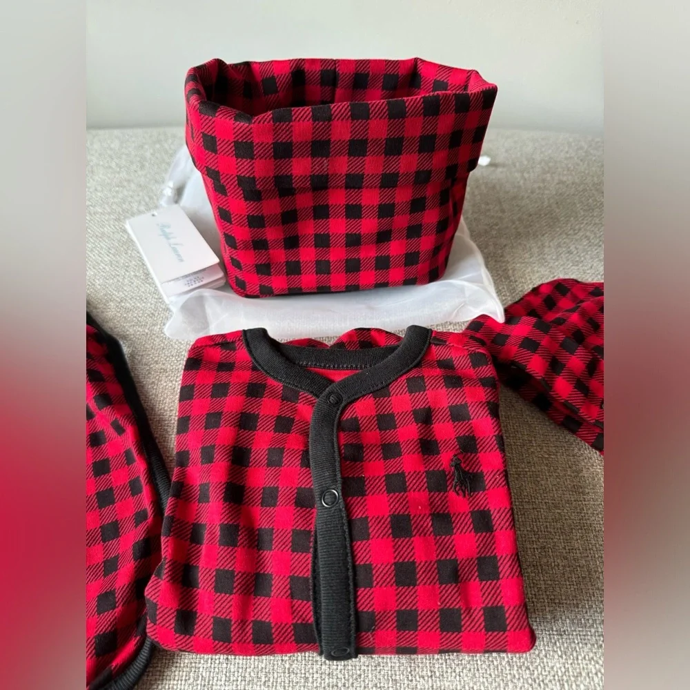 New Baby Ralph Lauren Plaid Footie,Hat,Bib & Bag Gift Set